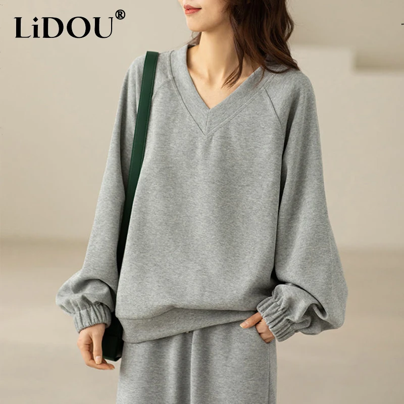 Spring Autumn Solid Color Pure Cotton Oversized Korean Style Sweatshirts Women Long Sleeve Loose Casual Lady Tops Chic Pullover