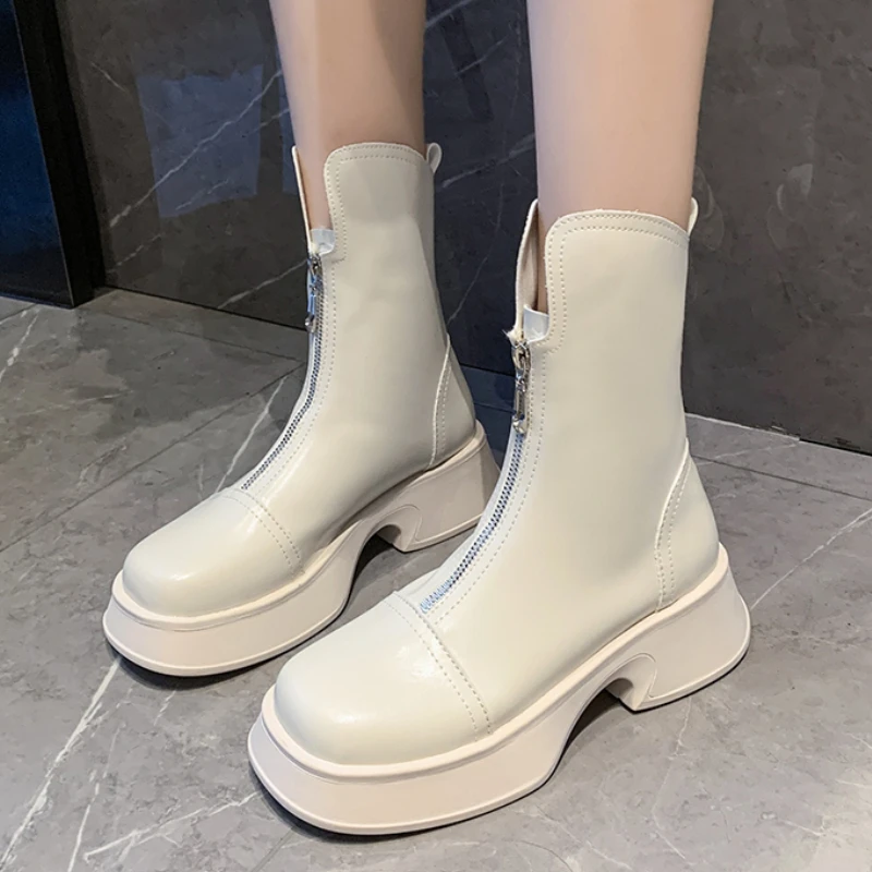 

Новые осенне-зимние тонкие ботинки на молнии спереди, ботинки челси средней длины с круглым носком, женские модные ботинки на толстой подошве и среднем каблуке, стильные ботинки