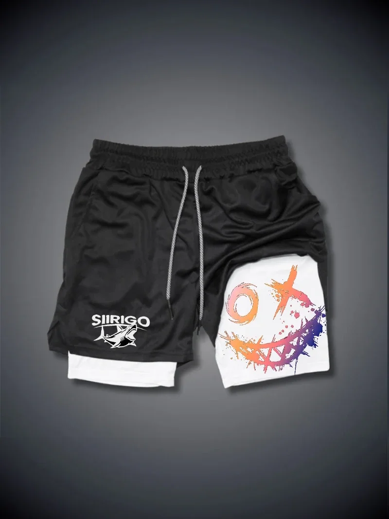 Men's Smiling Face Printed Fitness Shorts, Double-Layer 2-in-1 Quick Drying Fitness Outdoor Leisure Training Sports Shorts 6