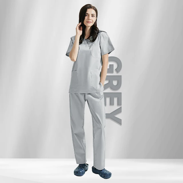 High Quality V-neck Scrub Tops Beauty Salon Nursing Elastic Waist Pants Unisex Breathable Surgery Uniform Medical Accessories Grey