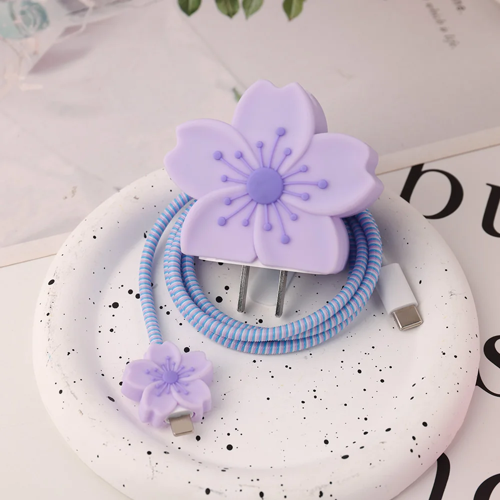 Purple Charger Petal: Cherry Blossom Fast Charging Cable with Protective Case and Winder Organizer
