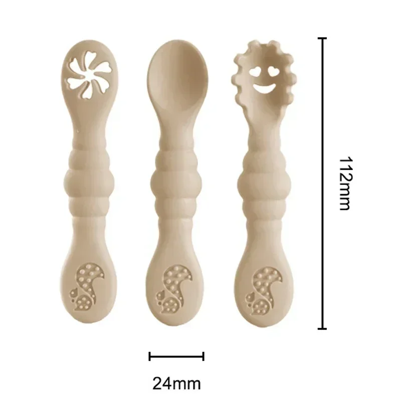 Silicone Feeding Spoon Silicone Cutlery Set Learning Spoons Baby Cutlery 3PCS Cute Baby Learning Spoons Utensils Set Food Grade Silicone Sticky Spoon Children Cutlery Training Spoon Feeding Tableware
