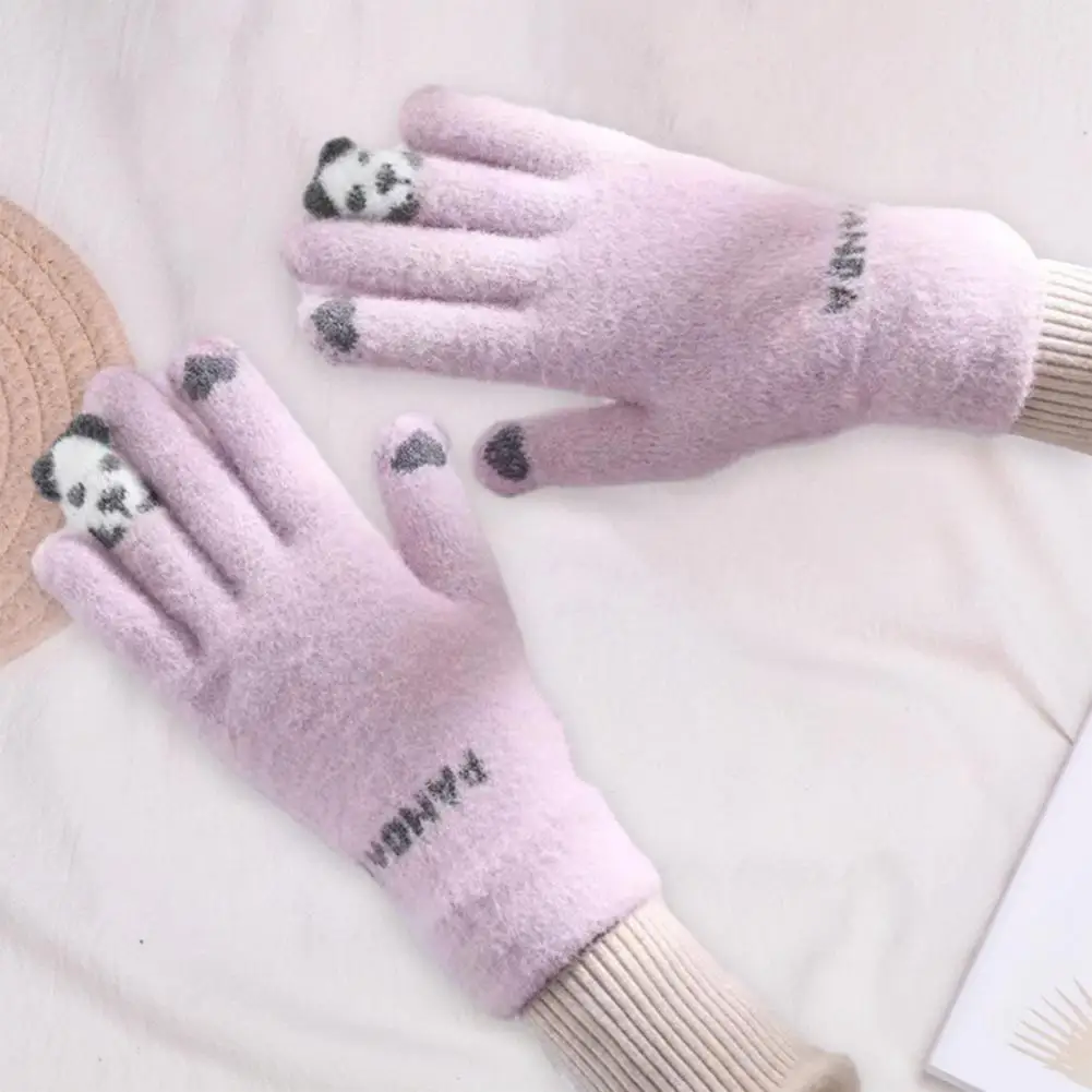 

1 Pair Winter Gloves Touch Screen Knitted Elastic Soft Warm Thick Five Fingers Cartoon Panda Print Anti-slip Cold Resistant Cycl