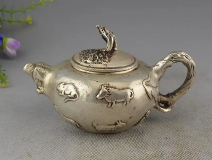 

China Collectible Decor Handwork Old Miao Silver 12 Zodiac Animal Teapot