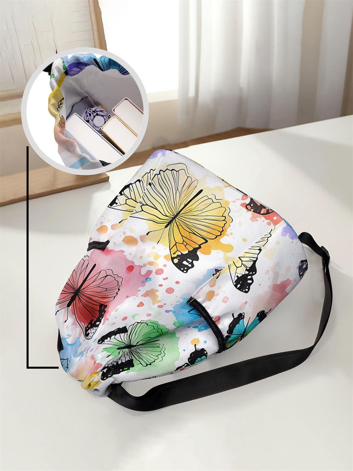 Butterfly Pattern Printed Drawstring Backpack - Large Capacity Durable Fitness Bag, Sports Beach Backpack