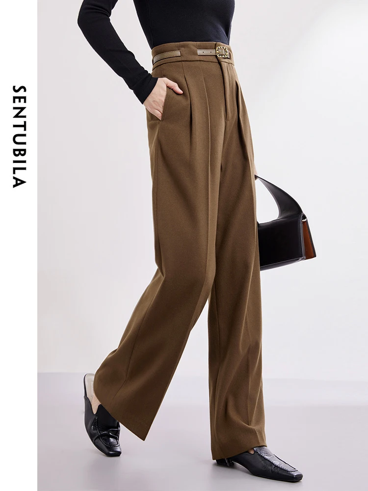 

SENTUBILA Coffee High Waist Woolen Straight Baggy Pant 2024 Spring Simple Casual Trousers Women Wide Leg Loose Pants 134K52589