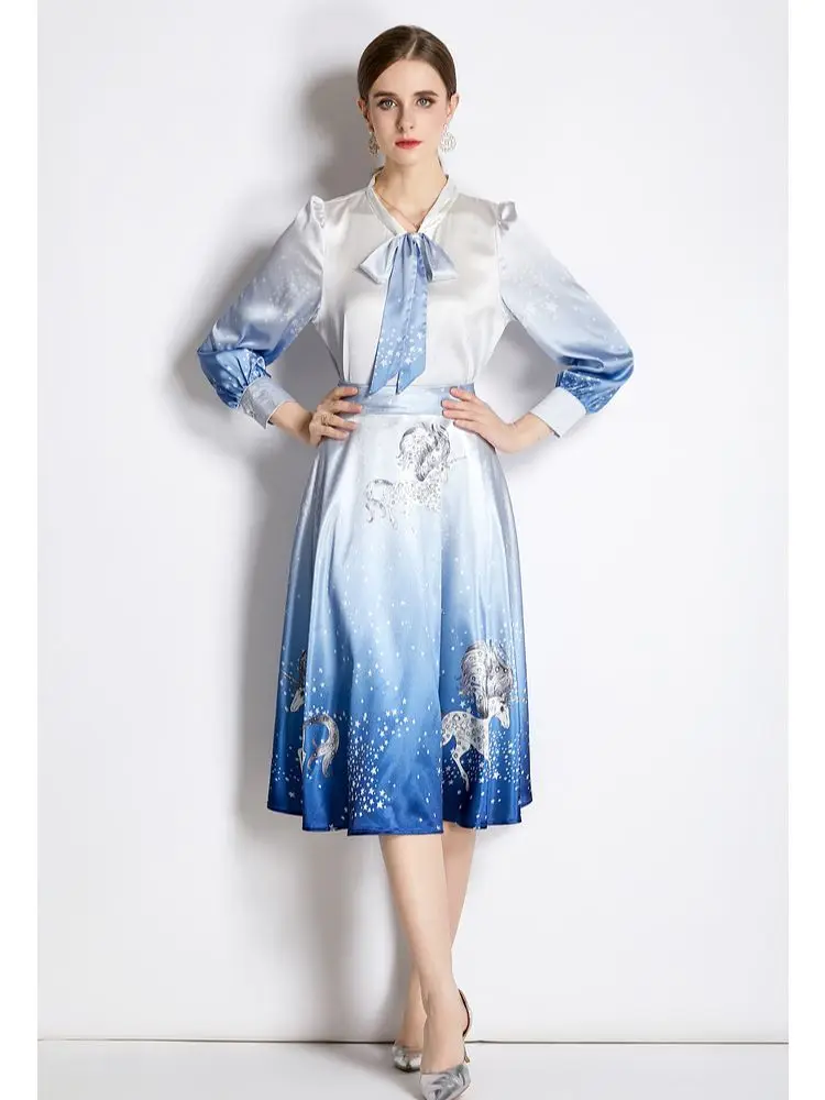 

2023 Spring Runway 2 Piece Skirt Set Women Bow Neck Long Sleeve Print Shirts and High Waist Pleated Skirt Matching Outfits