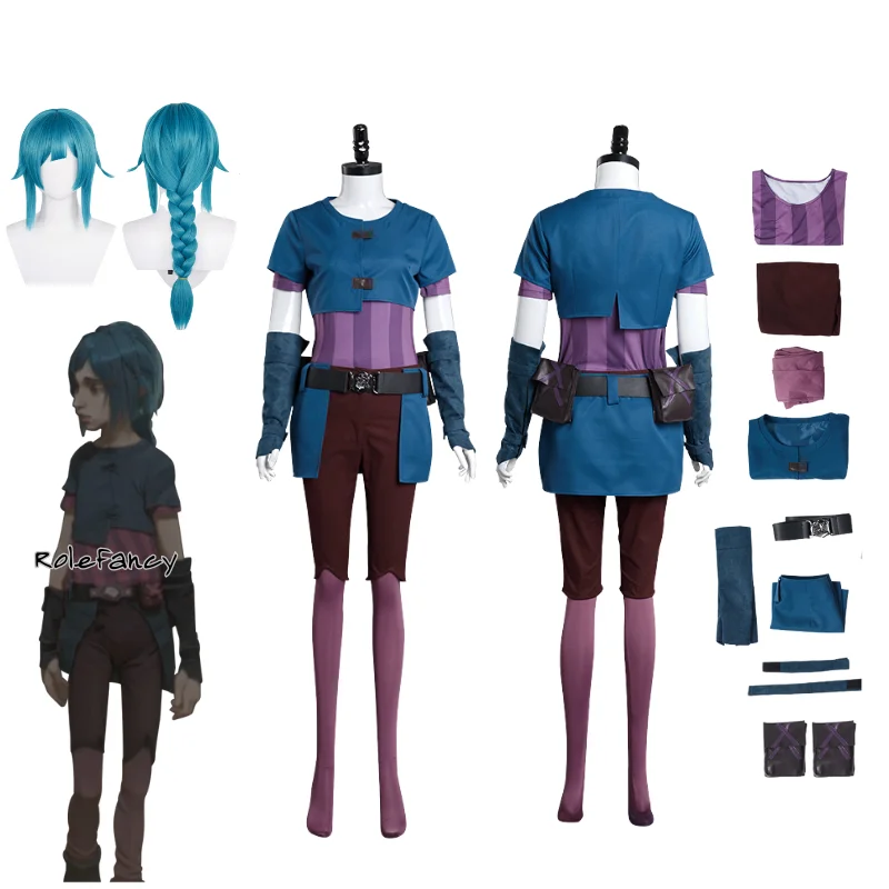 

Arcane: LOL Powder костюм Джинкс костюм топ брюки пояс наряды фантазия Хэллоуин Карнавал Маскировка Костюм для взрослых женщин девочек