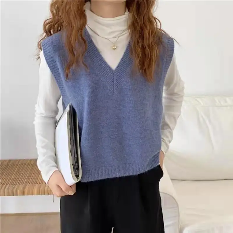 Fashion V-Neck Solid Color Knitted Loose Sleeveless Vest Sweater Women\'s Clothing 2022 Autumn New Casual Pullovers All-matchTops