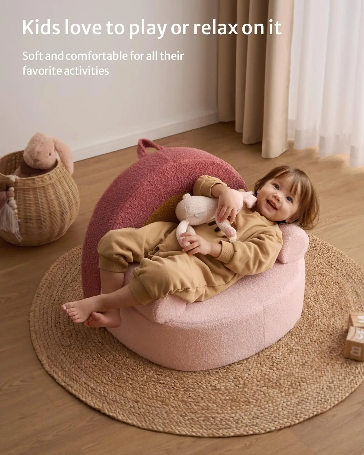Toddler Chair Comfy, Foam Kids Chair with Soft Teddy Plush, Toddler Reading Armchair with Cute Rainbow Designs- Blush Pink 5