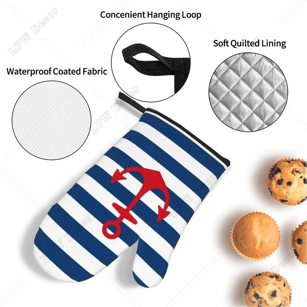 قفازات طبخ بحري مقاومة للحرارة ، قفازات فرن ، حوامل أوعية للمطبخ ، خبز ، شواء ، مرساة حمراء ، على خطوط بحرية ، مجموعات من 4