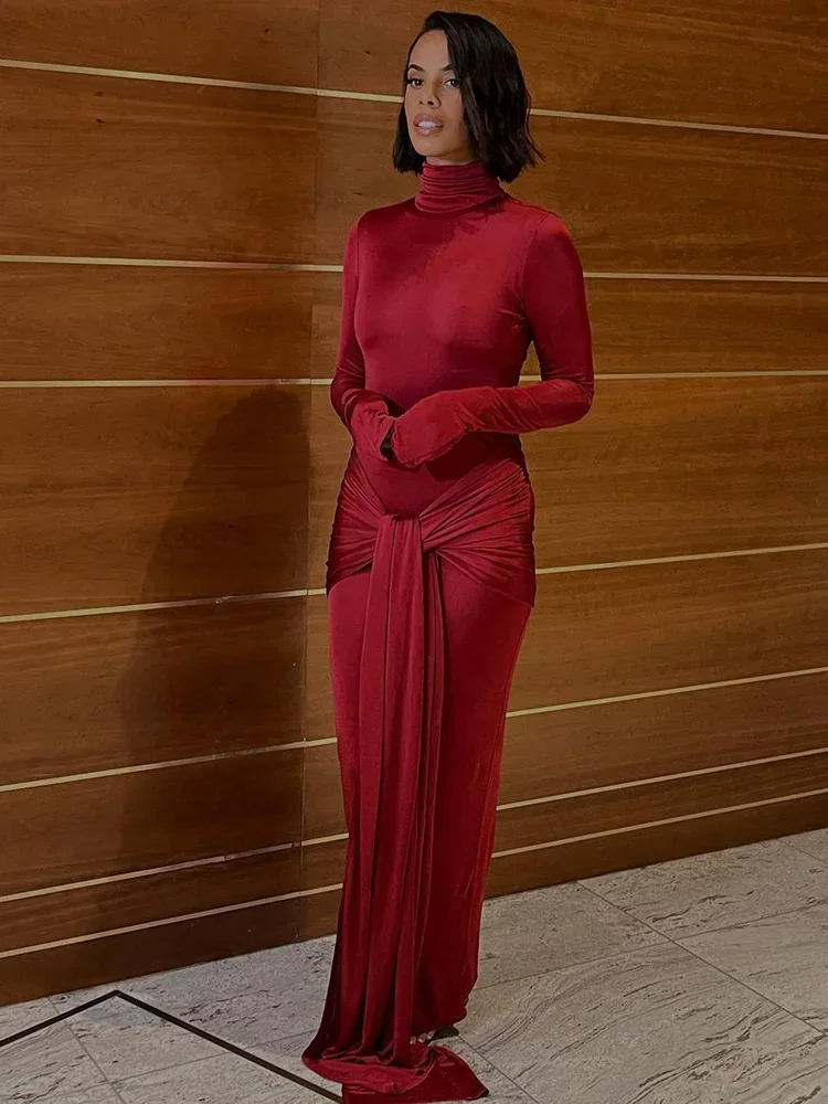 Fashion Bandage Spring Maxi Dress Women Slim Pleated Lace-Up Party Dress Solid Long Dress 2025