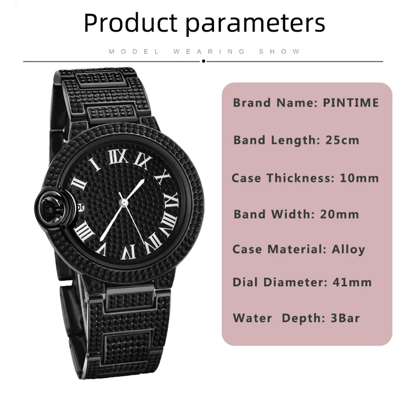 PINTIME New Watch For Men Top Brand Luxury Bling Diamond Roman Number Dial Quartz Watches Fashion Business Casual Man Wristwatch