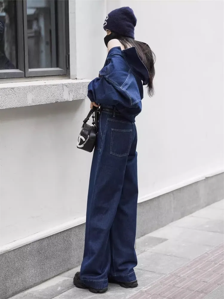 Blue Design Denim Jumpsuit Women'S Spring And Autumn Collar Fashionable Workwear Large Pocket Loose Pants 5