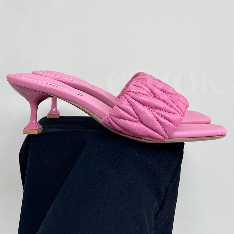 

Summer New Women Slippers Genuine Leather Material Sewing Design Small Kitten Heel Shoes Square Head Open Toe Female Sandals