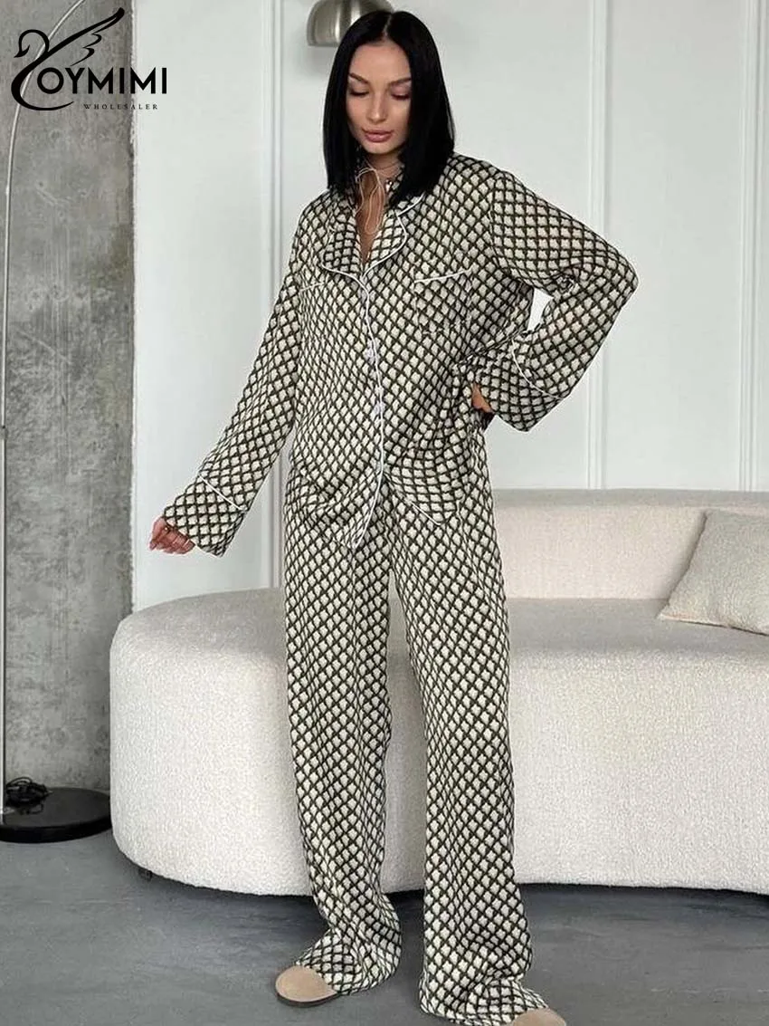Oymimi Fashion Grey Green Print Sets For Women 2 Pieces Elegant Lapel Long Sleeve Pockets Shirt And Straight Trousers Female Set