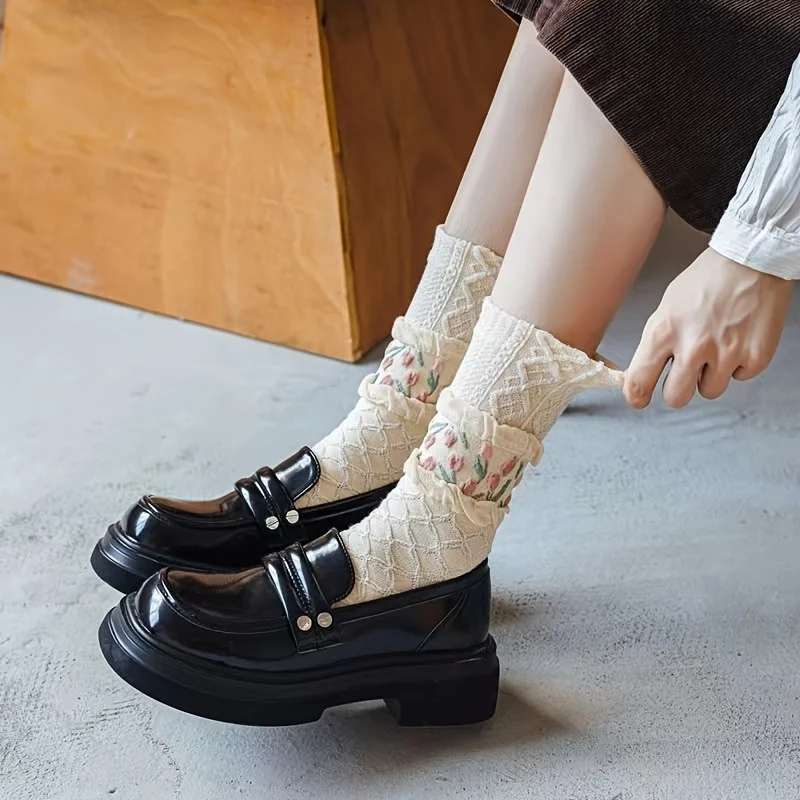 Women Floral Socks Set 4pairs Cute Flower Geometric 3D Textured Ankle Cotton Blend Cottagecore Lucky Socks