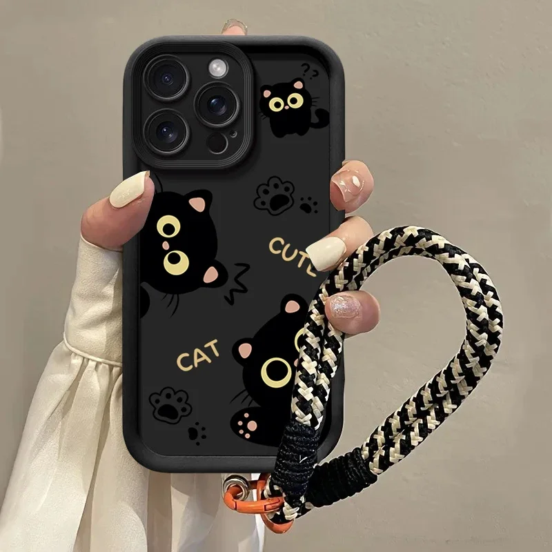 Chic Black Cat Lanyard Case with Bow