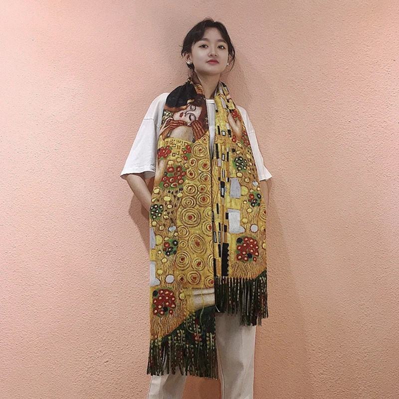 Gustav Klimt Oil Painting Silk Scarf for Women Luxury Brand Silk Shawl Designer Der Kuss Foulard Femme Summer Beach Cover up New 4