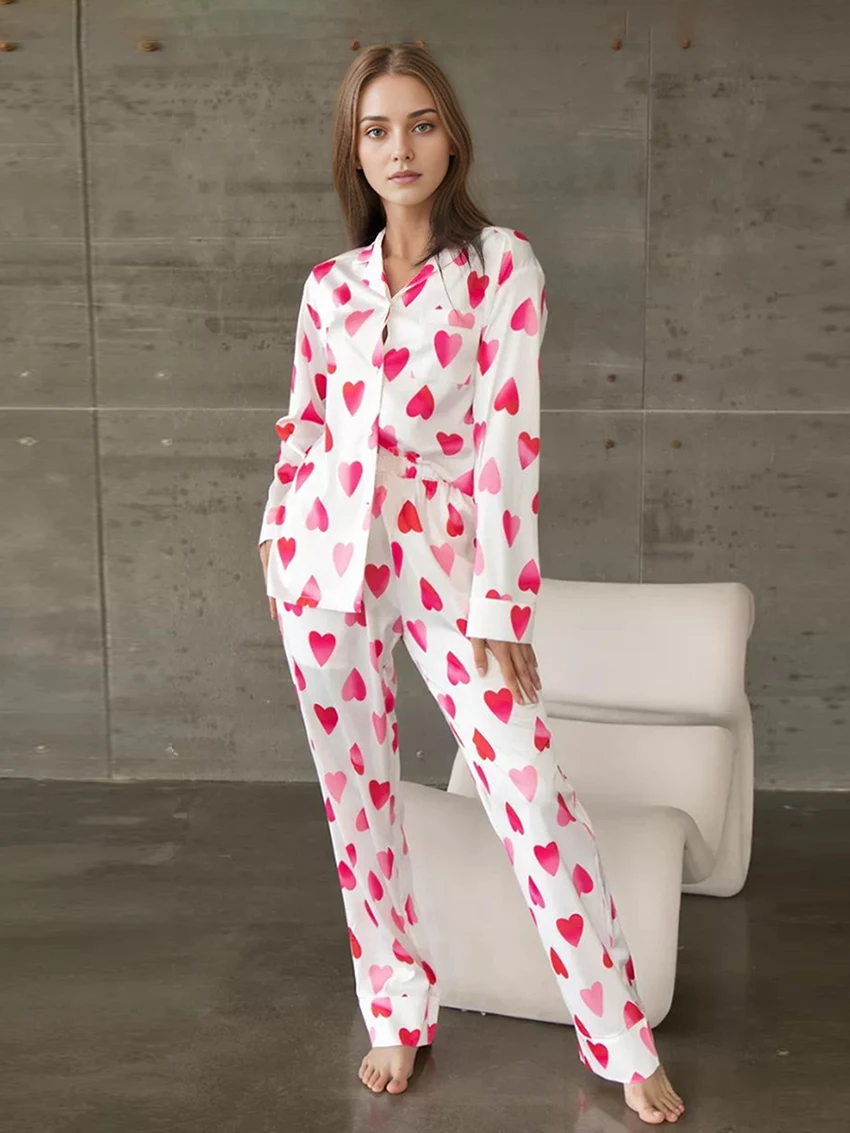 

Marthaqiqi Printing Ladies Sleepwear Set Long Sleeve Pajamas Turn-Down Collar Nightgowns Pants Casual Women Pyjamas 2 Piece Suit