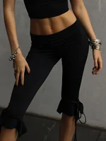 Women Capri Pants Solid Color Elastic Waist Tie-Up Summer Casual Cropped Pants Stretch Crop Leggings - Image 6