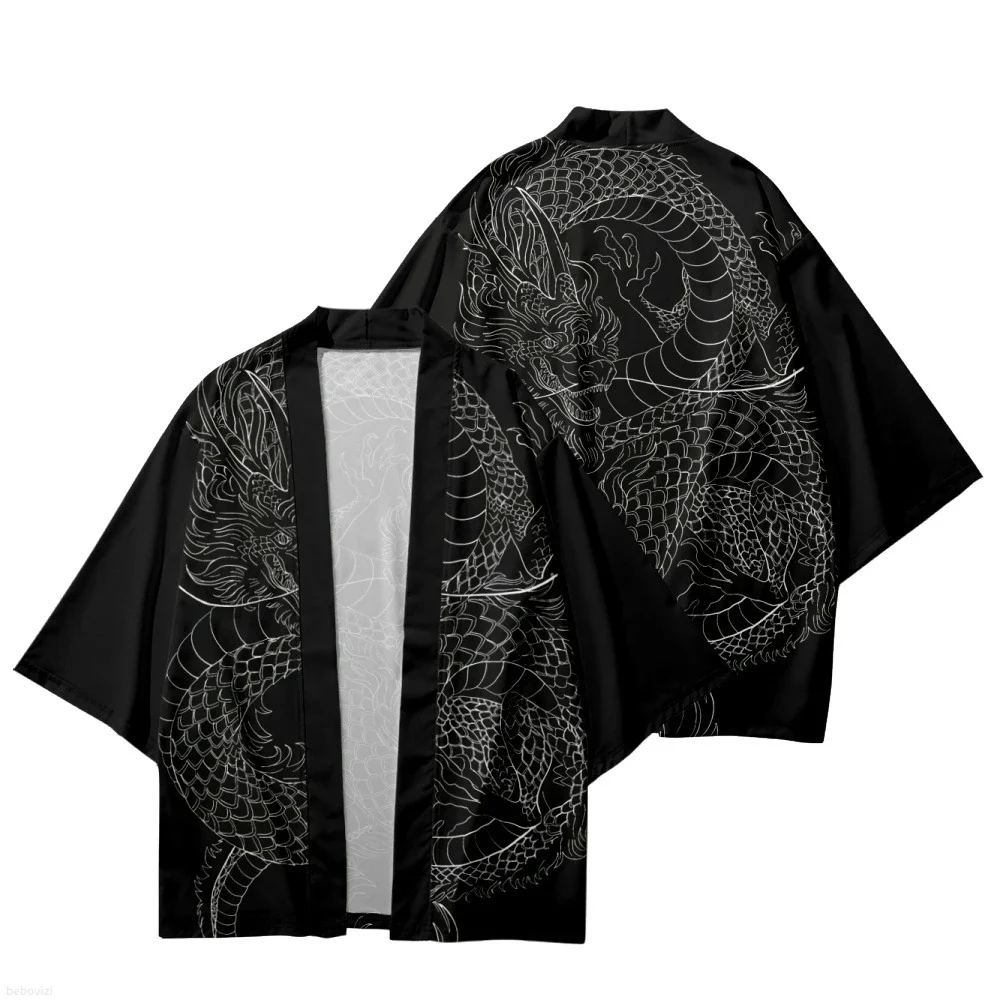 Japanese Style Dragon Print Traditional Kimono Men Yukata Cardigan Shirts Cosplay Haori Oversized Streetwear Tops