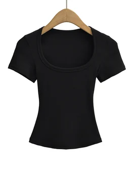 Square Collar High Stretch Summer Crop Tops Women Short Sleeve Tops Sexy Pullover Bottoming Blouses Slim T-shirt 6