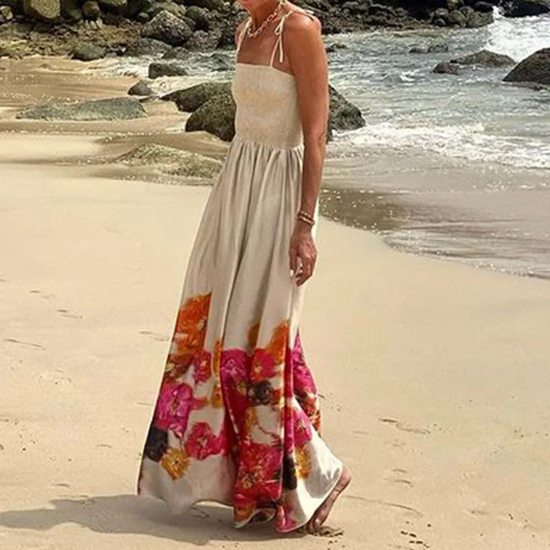 

Simple Elegant Off Shoulder Swing Maxi Dress Elegant Women Waist Party Dress Summer 2024 Floral Print Strap Holiday Beach Dress