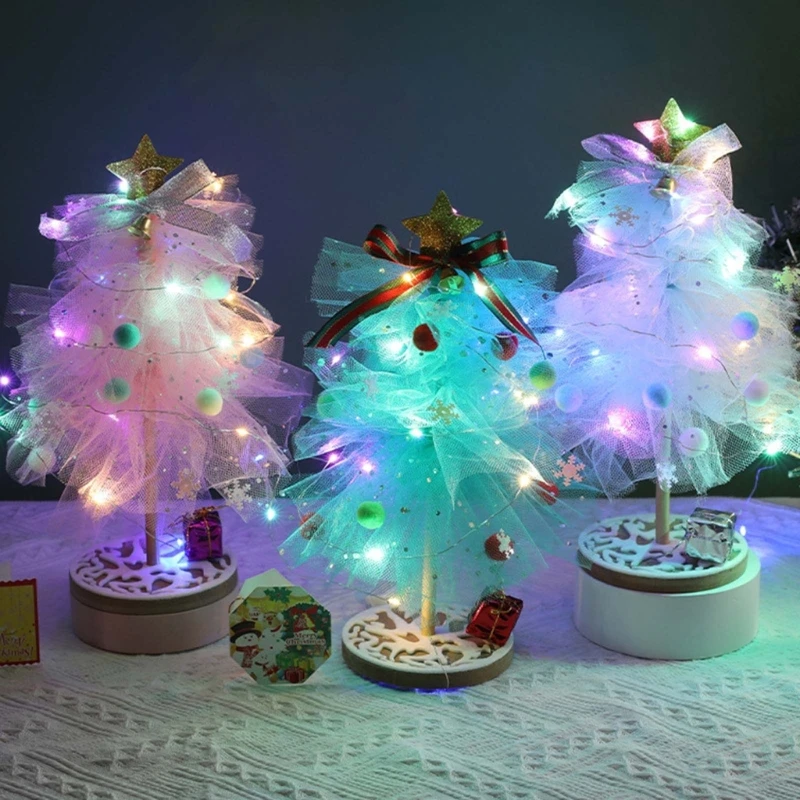 

Handmade DIY Mesh Christmas Trees with Lights, Tabletop Christmas Tree with Tree Toppers Star Ornaments Led String Light
