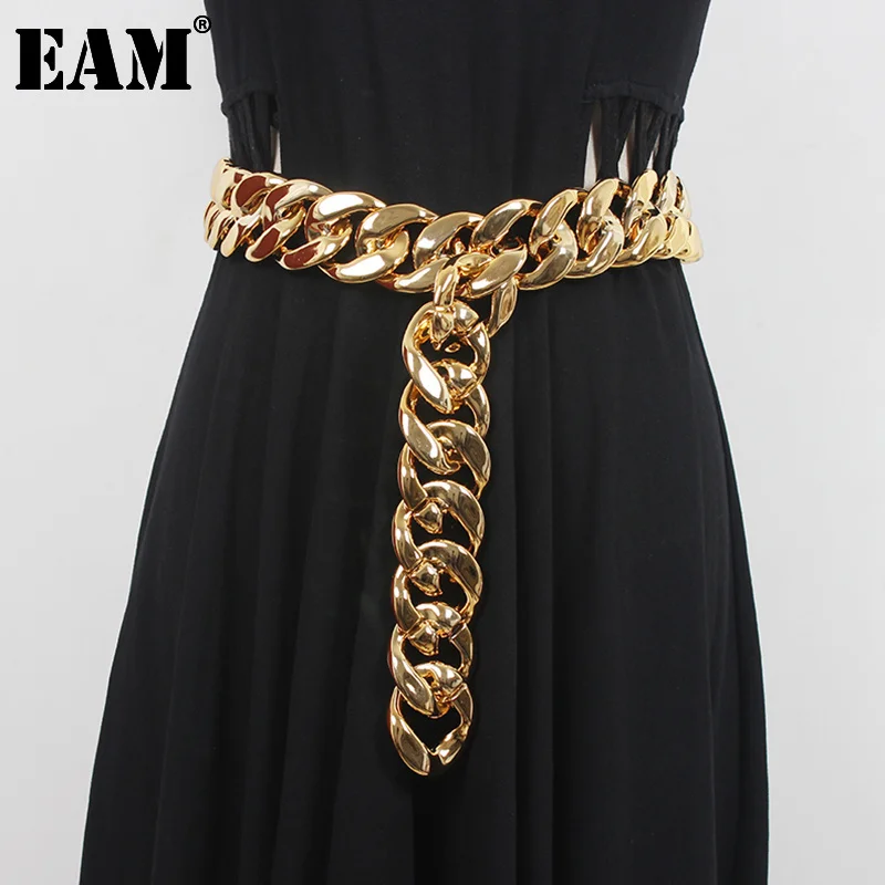 

[EAM] 2024Gold Color Metal Chain Long Wide Cool Belt Personality Women New Fashion Tide All-match Spring Autumn 1DD6587