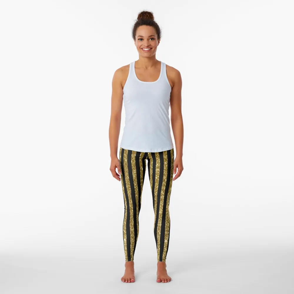 Black and Golden Glitter Vintage Stripes Leggings sports woman gym Women sportwear Womens Leggings