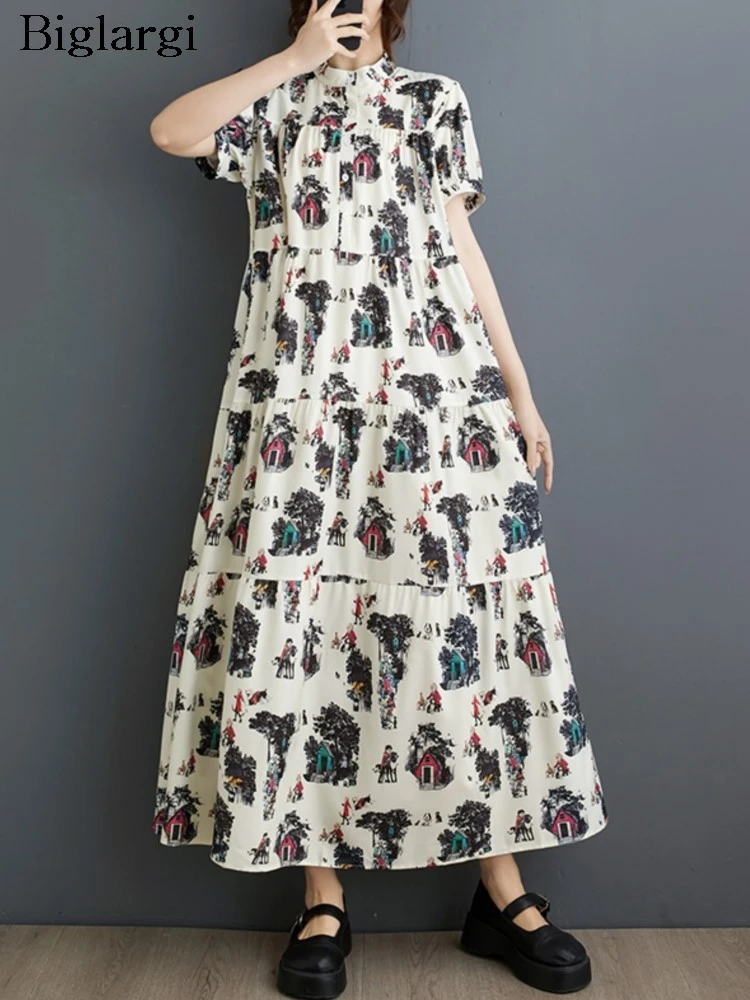 

Платье женское ТРАПЕЦИЕВИДНОЕ с коротким рукавом, повседневный СВОБОДНЫЙ Модный плиссированный сарафан с принтом и оборками, большие размеры, на лето