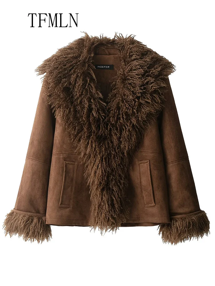 Luxury Women Faux Fur Patchwork Jackets 2025 Autumn Winter Lapel Long Sleeve Causal Chic Coats Elegant Ladies Pockets Outwear