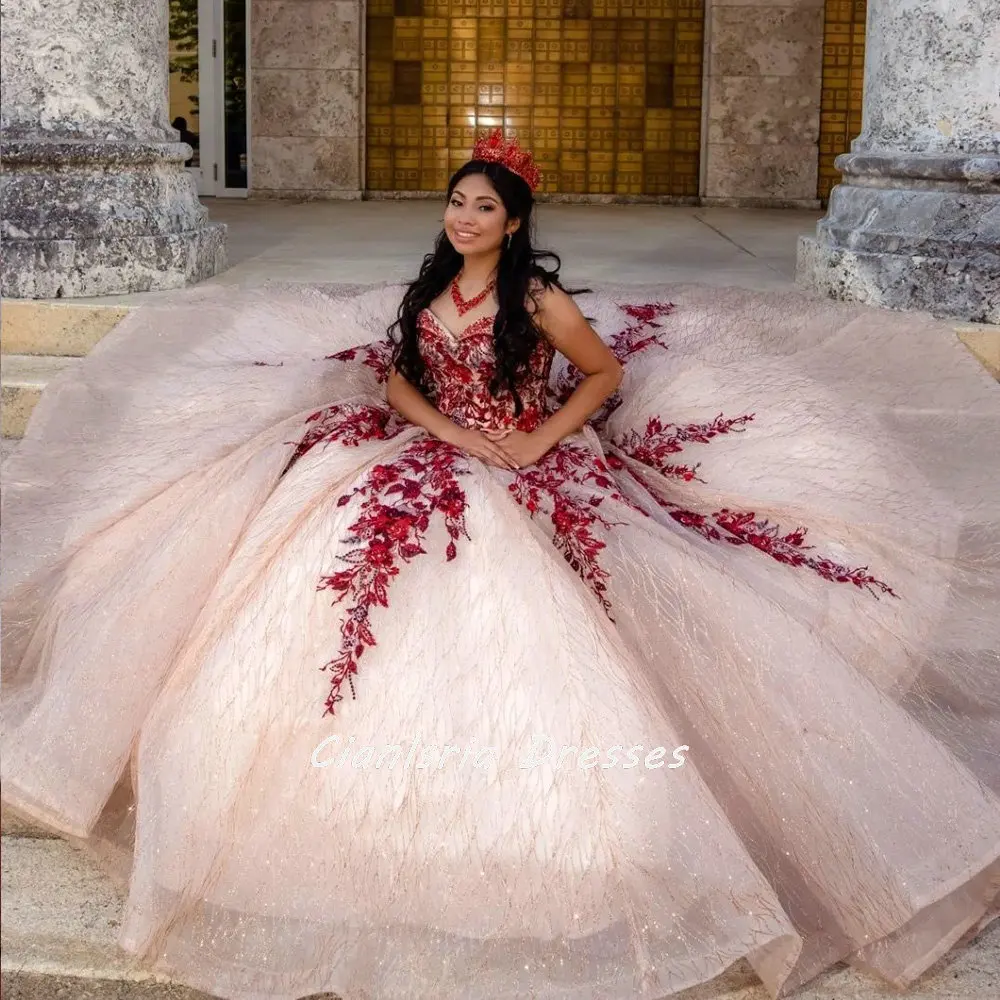 

Rose Gold Sleeveless Crystal Quinceanera Dress Ball Gown With Red Appliques Lace Corset Sweet 15 Party Vestidos De XV Años