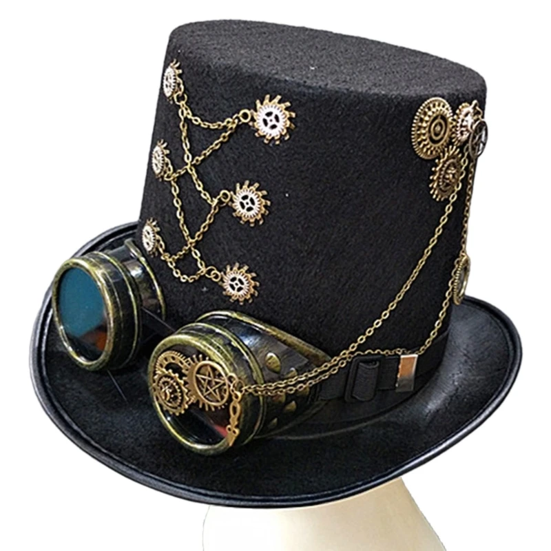 

Steampunk Top Hat For Men Women Flat Top Hat with Goggles Performances Costume