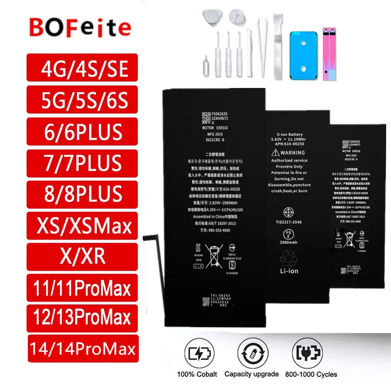 

BoFeite 100% Original Battery for IPhone 5S 5 6S 6 7 8 Plus X SE SE2 XR XS 11 12 13 Mini 14 Pro Max Replacement Bateria