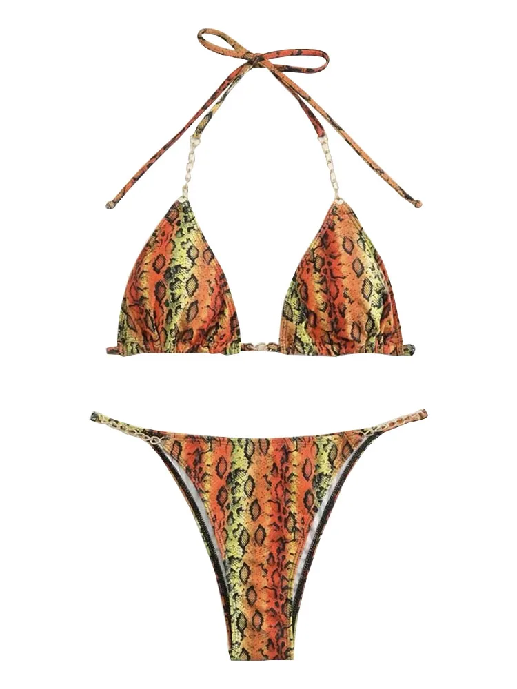Snake Print Micro Bikini 2024 Women Swimwear Female Swimsuit Thong Bikinis Sets Chain Lace Up Bathing Suit Brazilian Beach Wear