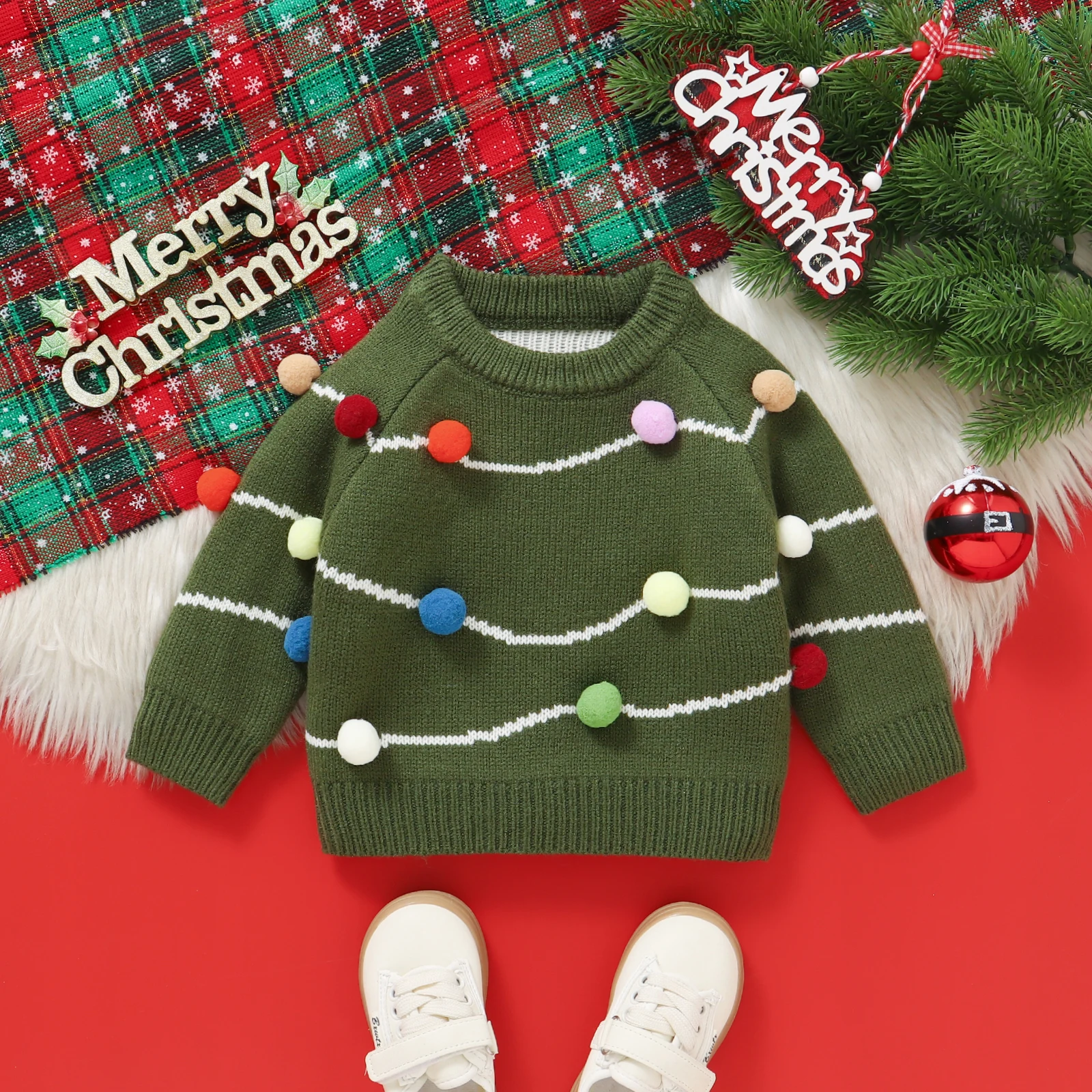  소녀 소년을 위한 크리스마스 스웨터 펠트 볼 장식이 있는 긴 소매 크루넥 니트 풀오버 탑