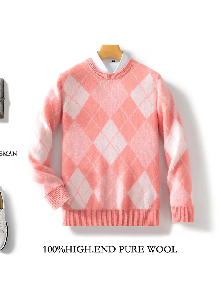 Men Classical Rhombus Knit Sweater Autumn Winter Thick O-neck Long Sleeve Pullover 100% Merino Wool Knitwear Smart Casual Cloth 4