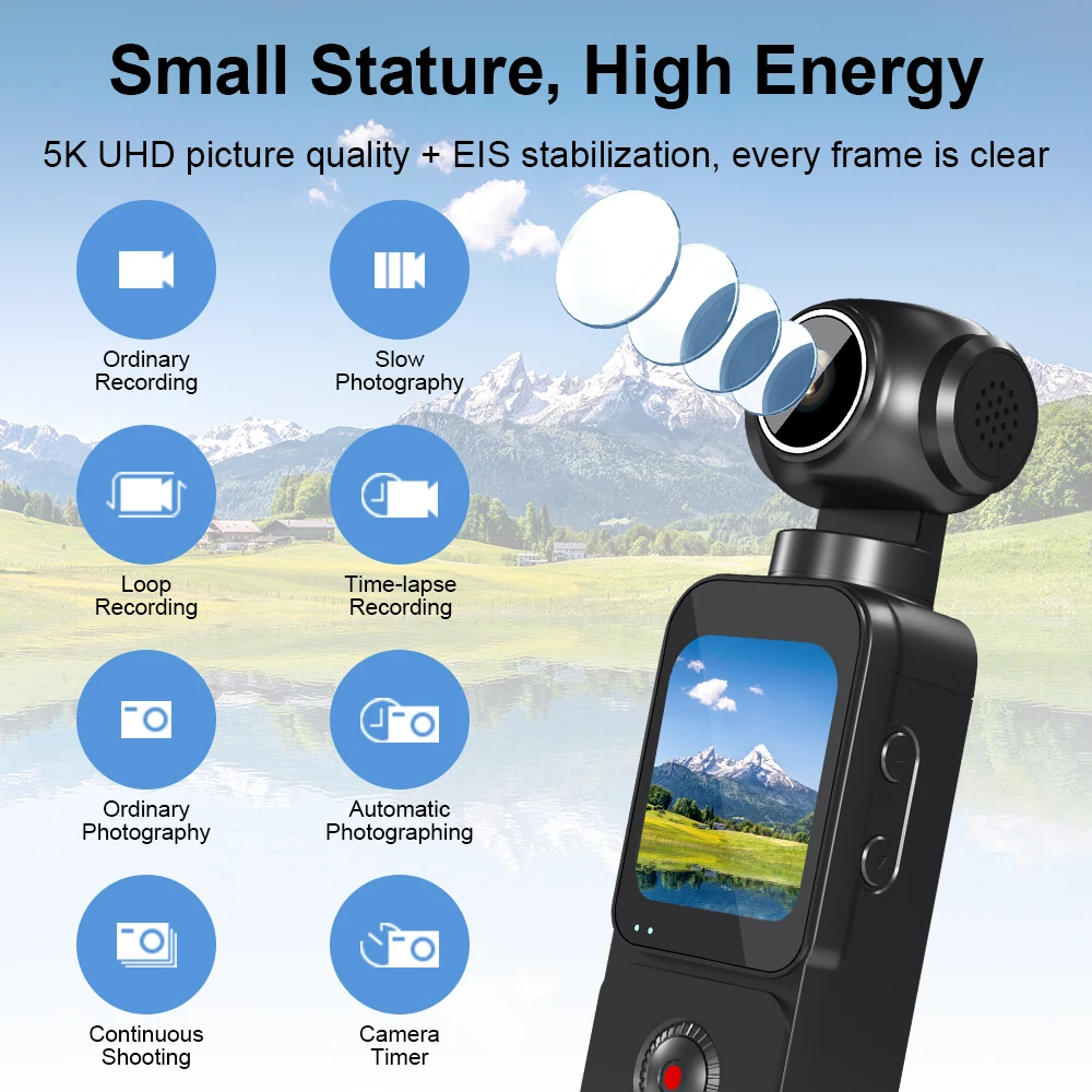5K HD Pocket Action Camera 1.69-inch LCD Display Screen 270° Rotatable Wifi Vlog Recorder With ELS Anti-Shake For_voghion.com
