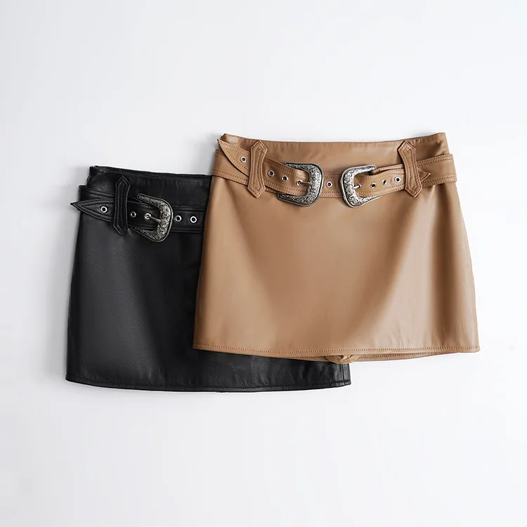 

Genuine Leather Skirt~Spring New Silver Double Waist Buckle~Low Waisted Sexy Spicy Girl Short Skirt, Lamb Bag Skirt, Half Skirt