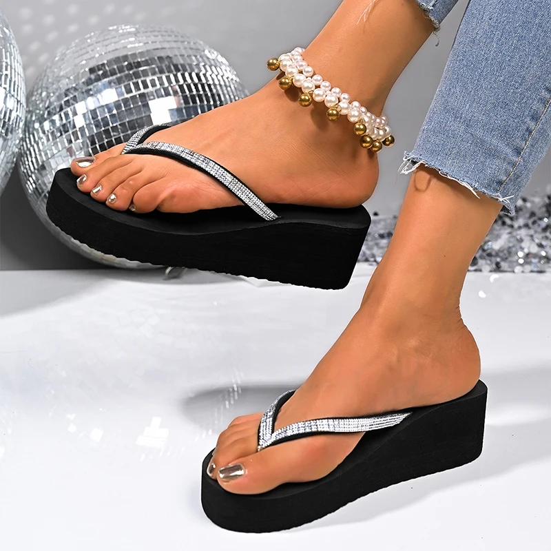 Crystal Straps Wedge Heel Thong Slippers Women Summer Thick Bottom Platform Beach Flip Flops Woman Lightweight Clip Toe Sandals