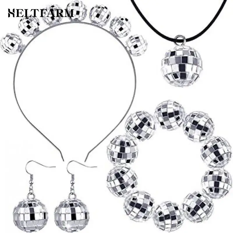 

Disco Ball Costume Jewelry Decorations 70s Silver Mirror Balls Bracelet Earrings Necklace Rave Accessories For Women And Girls
