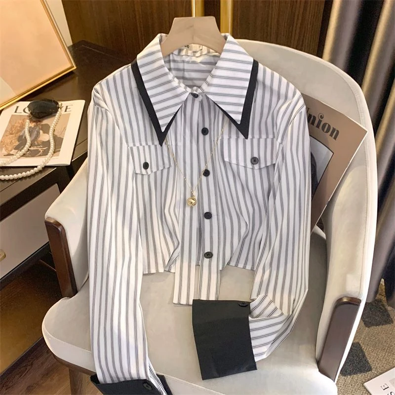 

DUOFAN Fashion Double Layered Collar Design Shirts Women Korean Simple Striped Blouses Lady Casual Short Blusas Autumn New Top