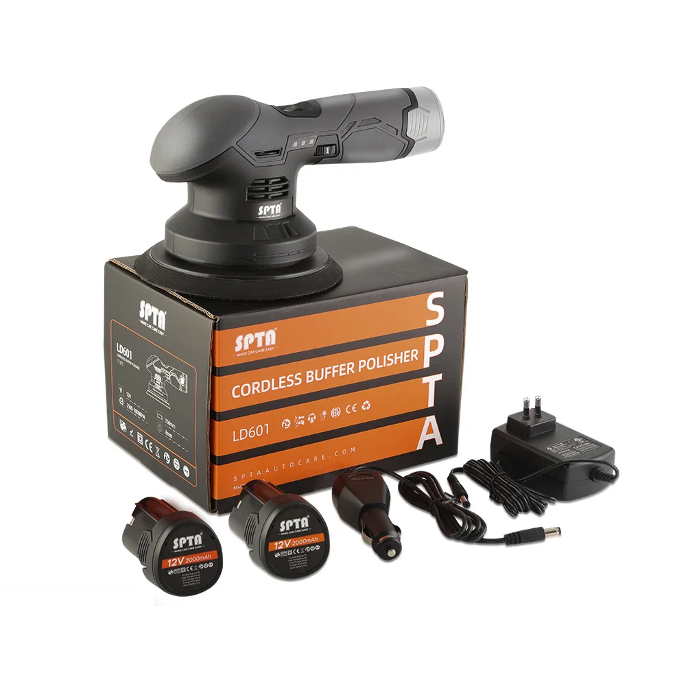 Car Polisher SPTA 12V Cordless Buffer Polisher 8mm Obrit DA Waxing Polisher with 2pcs 2.0Ah Battery Variable Speed Kit for Waxing