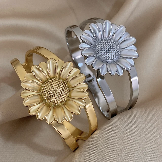 AENSOA Exaggerated Flowers Stainless Steel Charm Wide Bracelet for Women Trendy Golden Sunflower Cherry Floral Thick Cuff Bangle 2