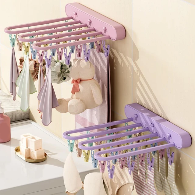 Folding Clothing Drying Hanger With 24 Windproof Clips Wall Mount