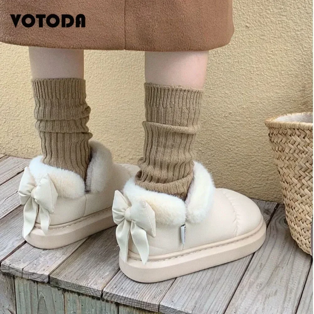 Winter Women Cute Warm Ankle Boots Outdoor Non-slip Thick Sole Snow Boots Furry Bow Cotton Shoes Men Pu Waterproof Plush Boots