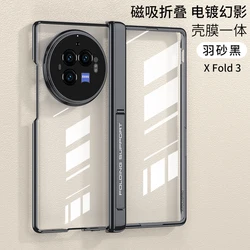 Magnetic Hinge Plating Clear Case with Outer Screen Glass Protector and Holder Cover for Vivo X Fold3 (Black X Fold 3)