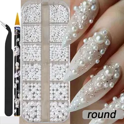 Elegant White Flatback Pearl Beads for Nail Art and Crafting - 12 Grids Assorted Sizes (All round set)
